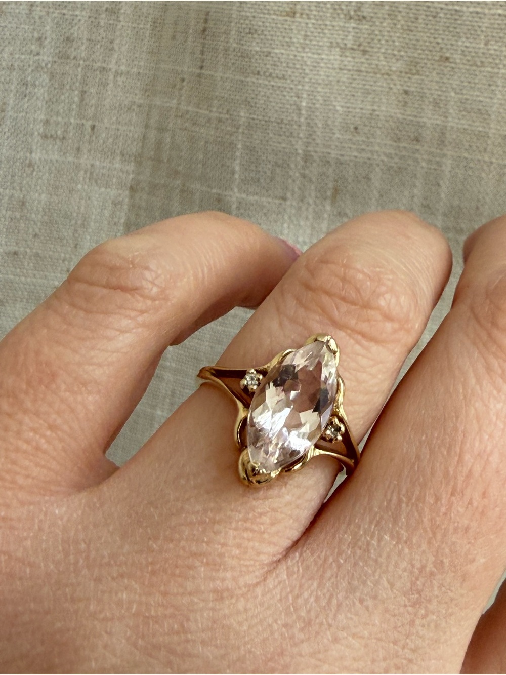 Vintage 14k scalloped pink morganite marquis ring flanked by two diamonds